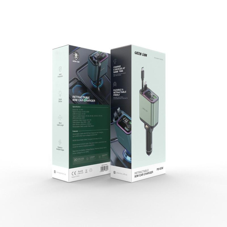 شارژر فندکی گرین لاین Green Lion Retractable 90W Car Charger مدل 47241