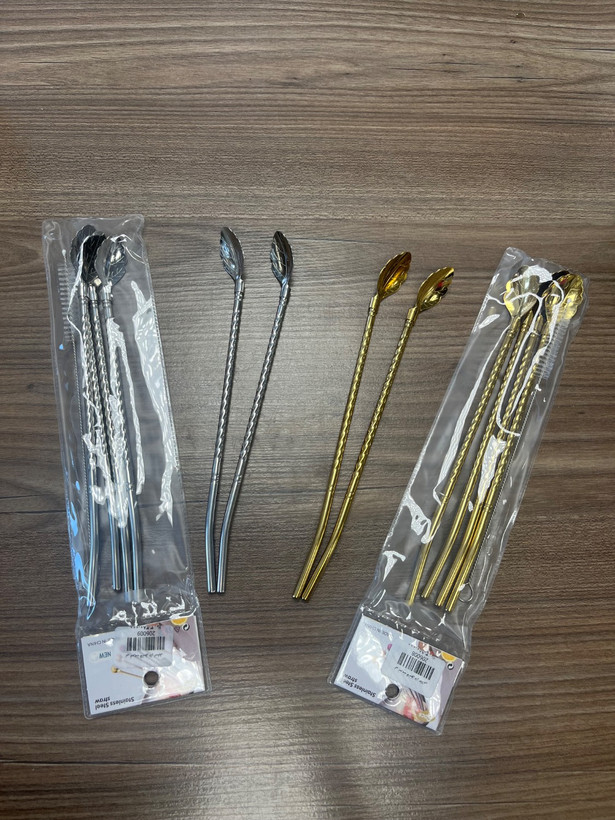 نی شربت 6 عددی قاشق دار مدل برگ 6-piece syrup straw with spoon, leaf model