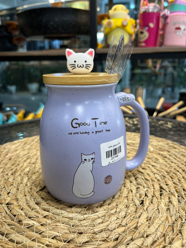ماگ سرامیکی درب چوبی مدل گربه Ceramic mug with wooden lid, cat model