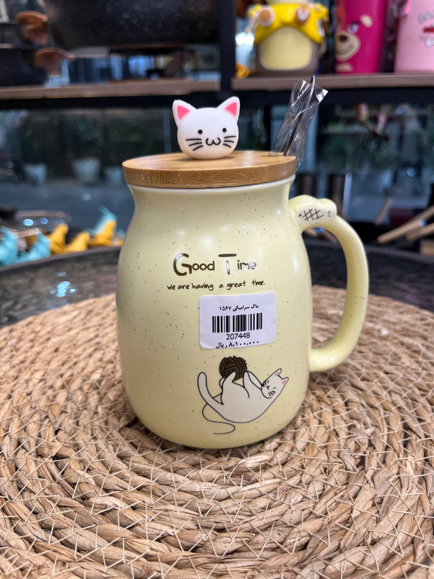 ماگ سرامیکی درب چوبی مدل گربه Ceramic mug with wooden lid, cat model
