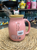 ماگ سرامیکی درب چوبی مدل گربه Ceramic mug with wooden lid, cat model