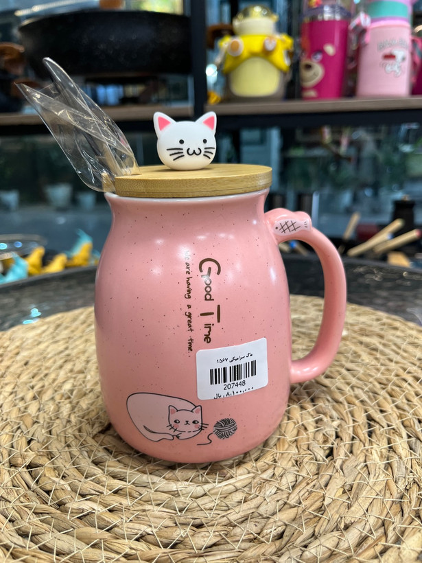 ماگ سرامیکی درب چوبی مدل گربه Ceramic mug with wooden lid, cat model