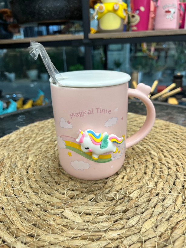 ماگ سرامیکی درب دار مدل یونیکورن Unicorn ceramic mug with lid