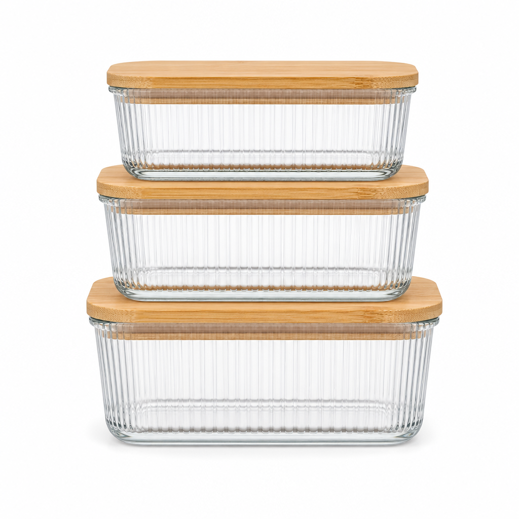 ست ۳ عددی ظرف مستطیل درب چوبی شیار‌دار لیمون Set of 3 rectangular containers with grooved wooden lids, lemon