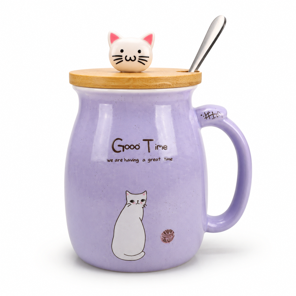 ماگ سرامیکی درب چوبی مدل گربه Ceramic mug with wooden lid, cat model