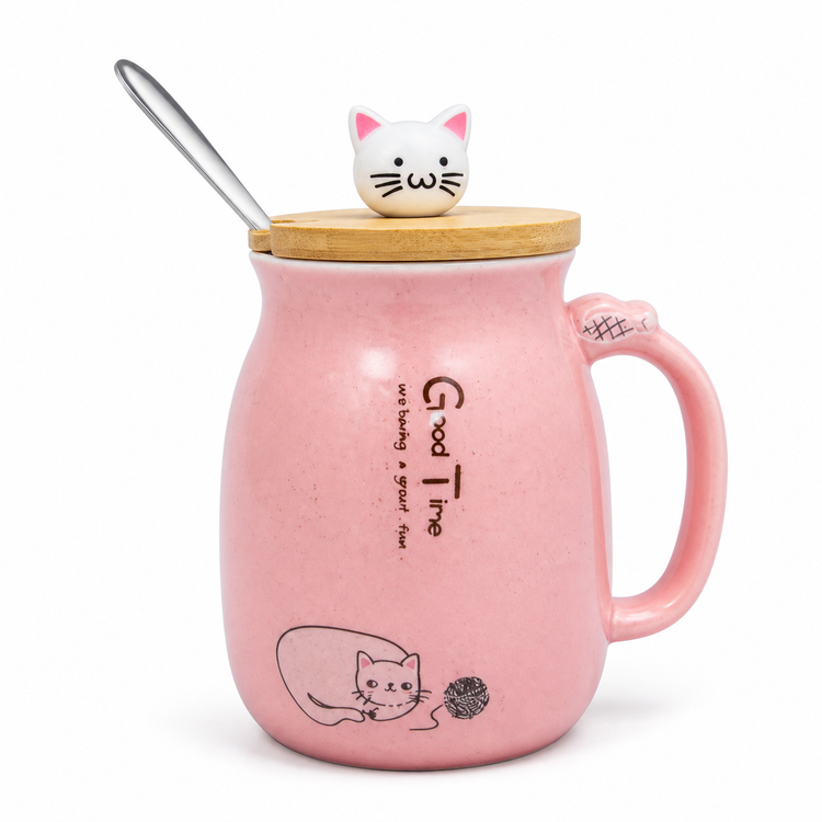 ماگ سرامیکی درب چوبی مدل گربه Ceramic mug with wooden lid, cat model