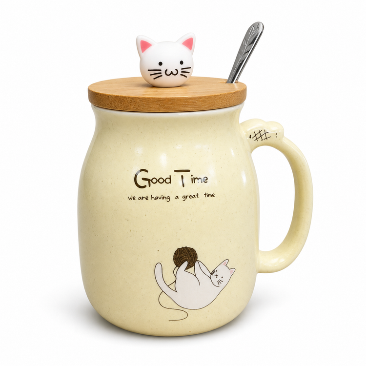 ماگ سرامیکی درب چوبی مدل گربه Ceramic mug with wooden lid, cat model
