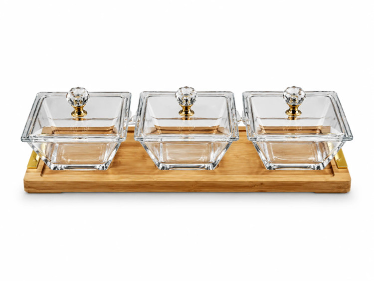 اردو خوردی مربع ۳ خانه پایه چوبی لیمون Limon Square 3-Compartment Appetizer Tray with Wooden Base