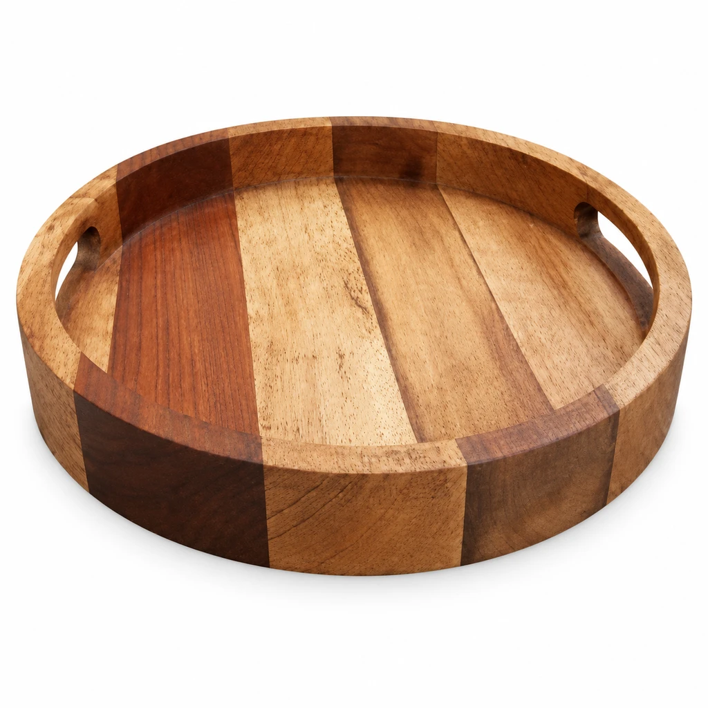 سینی گرد چوبی دسته دار  Round wooden tray with handles